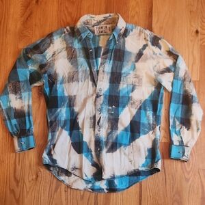 Upcycled Bleachdyed Blue And Black Plaid Button-Down Shirt